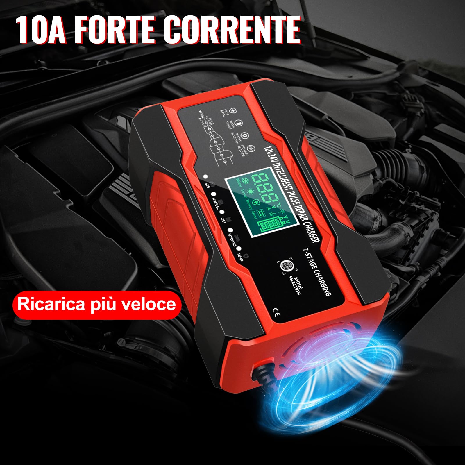 YDBAO 10A Caricabatteria Auto di Carica 12V/24V Caricabatterie Auto 5 modalità Caricabatteria Auto di Carica Mantenitore di Carica Auto Moto con Schermo LCD Touch Multi Protezioni per Auto Moto AGM