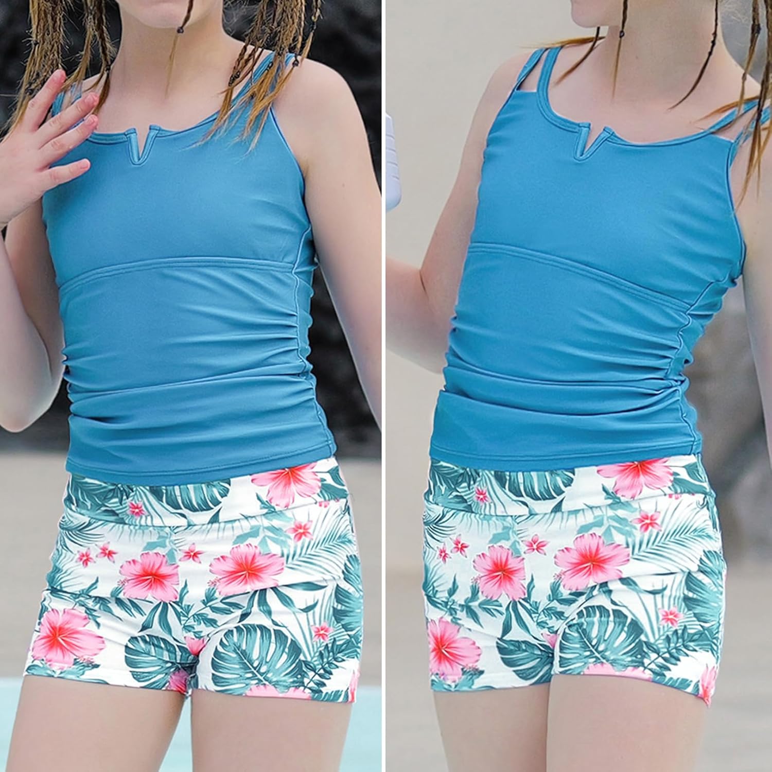 Mirawise Gilrs Swimsuit Tankini 2 Piece Bathing Suit V-Neck Cutout Tropical Print Swimwear for Teen Girls for 6-13Y - Image 4