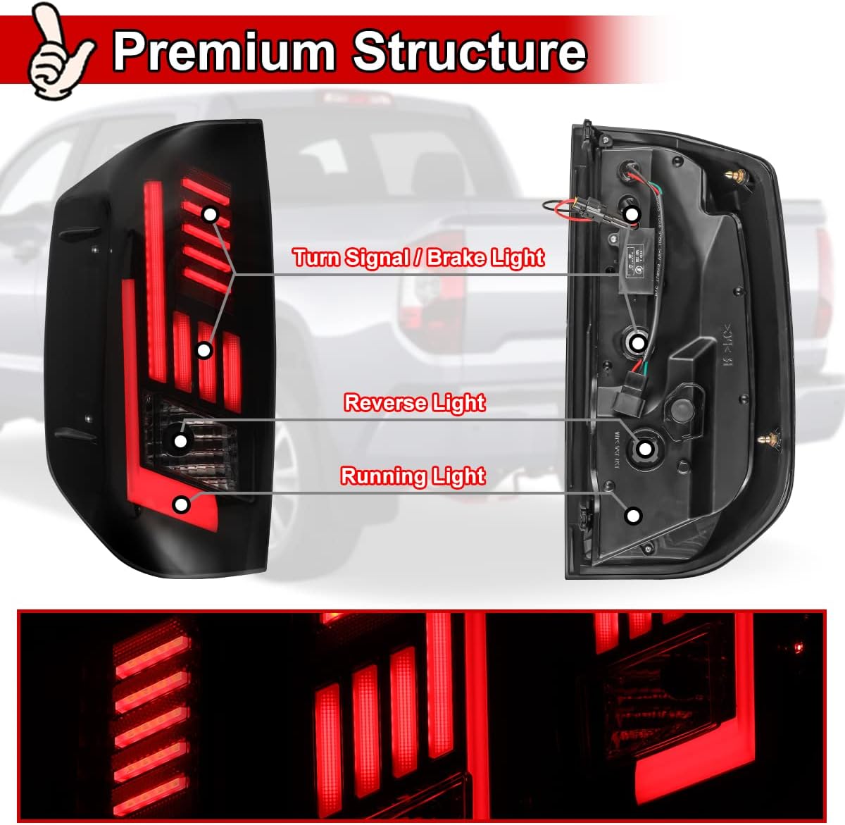 Nixon Offroad LED Tail Lights Assembly for 2014-2021 Toyota Tundra Pickup, Rear Brake Lamps Replacement with Sequential Turn Signal, Driver & Passenger Side (Smoked Lens)