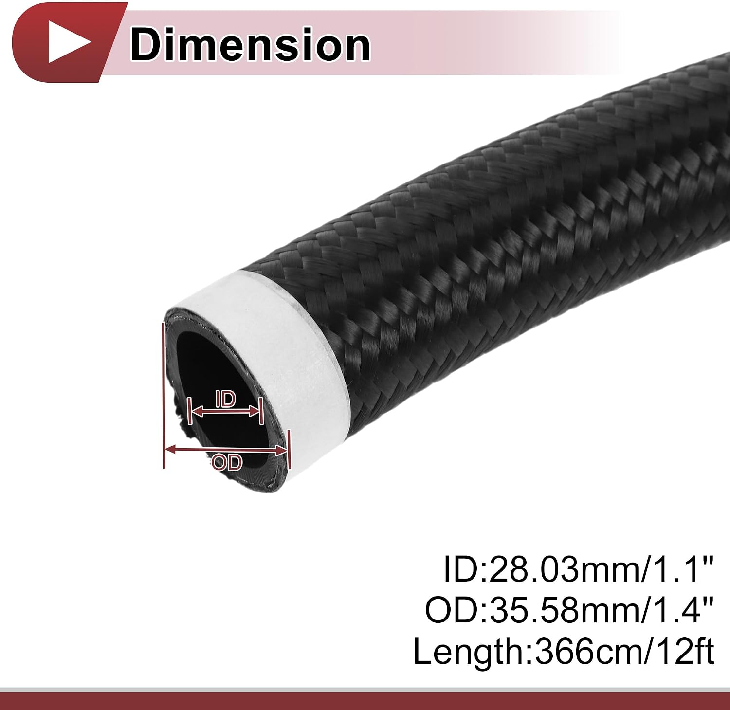 12ft AN20 Fuel Line Hose 20AN Vacuum Hose Automotive Fuel Hose 12ft 1.1"ID 1.4"OD Black CPE Rubber,Nylon Braided