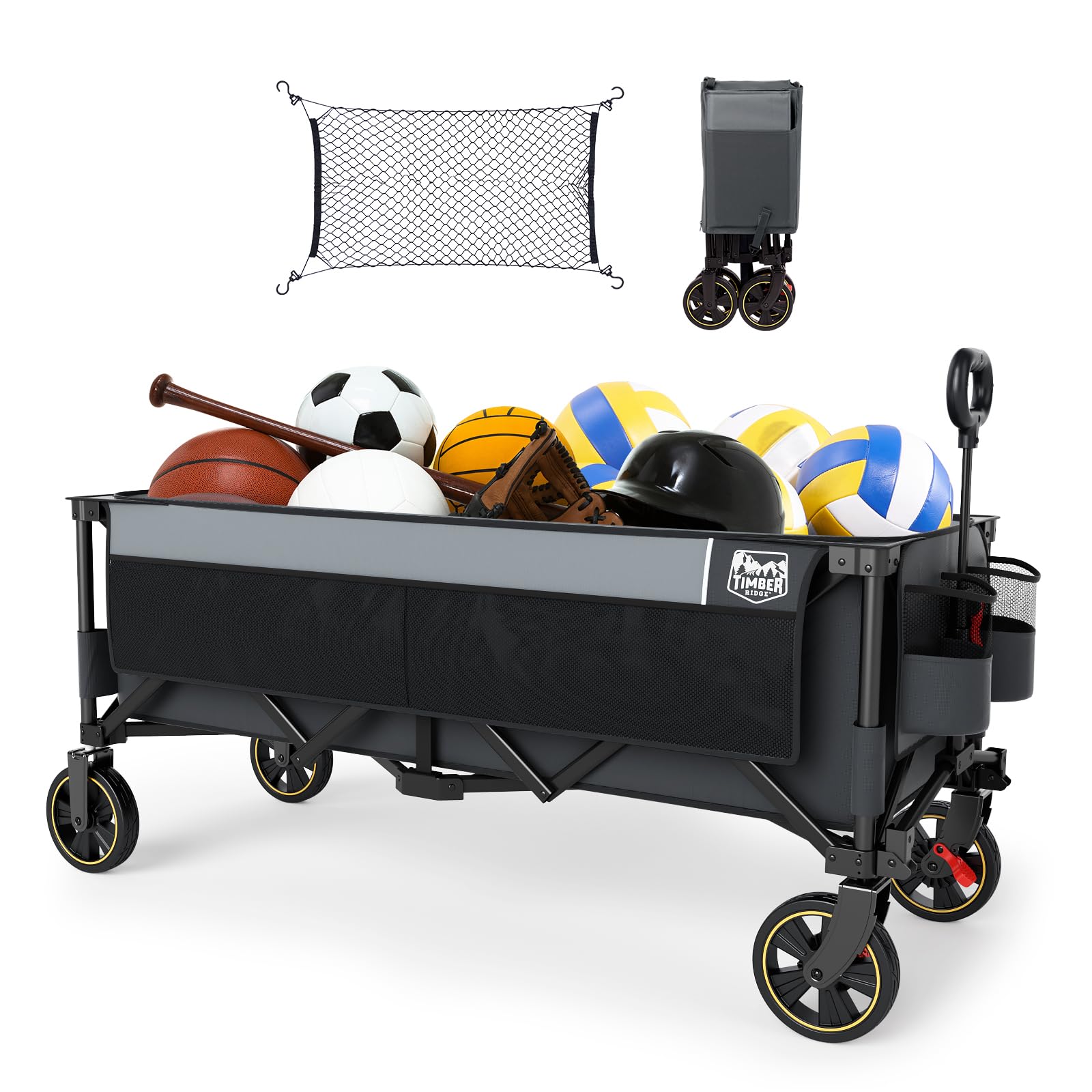 timber ridge 51.2'' extended collapsible wagon cart with brakes and cargo net, 350lbs heavy duty foldable utility wagon with adjustable handle, 400l capacity portable cart for camping sports shopping