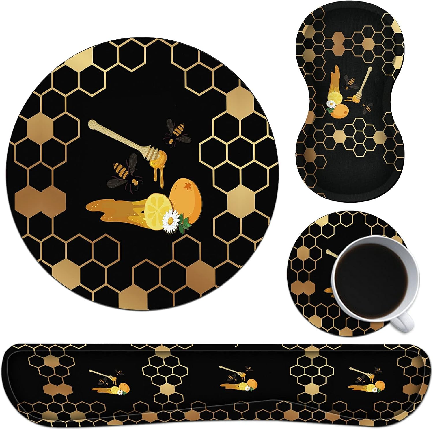 Keyboard Wrist Rest Pad, Mouse Pad and Mouse Wrist Support Plus Cup Coaster for Gaming and Office, Comfortable for Easy Typing and Pain Relief, Honeycomb Bee