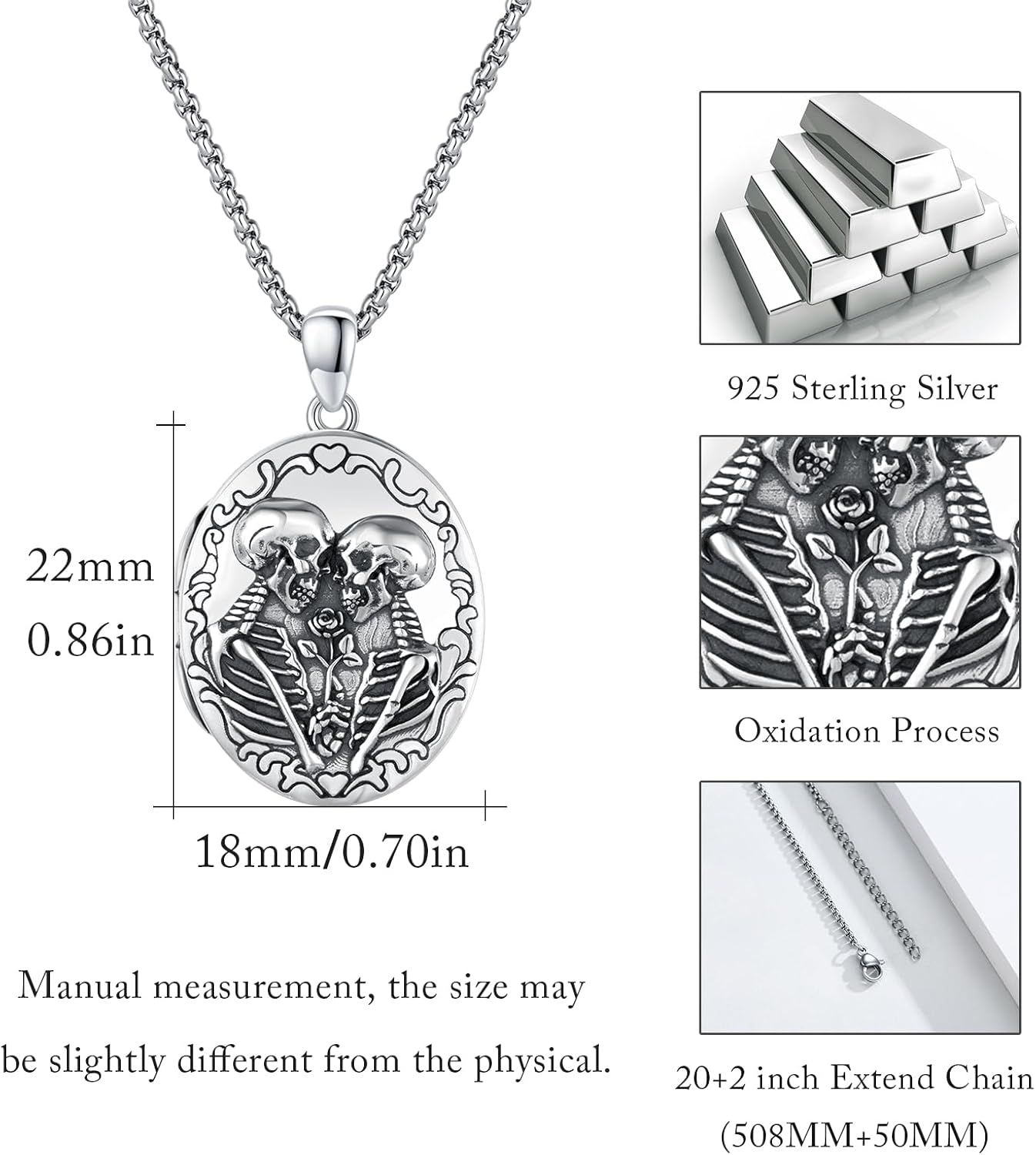 CUOKA MIRACLE Skull Locket Necklace,925 Sterling Silver Gothic Jewelry Gothic Locket Pendant Couple Skull Necklace Holds Photo Memorial Jewelry Vanlentine`s Day Gift Customed Locket (Only Locket) - Image 4