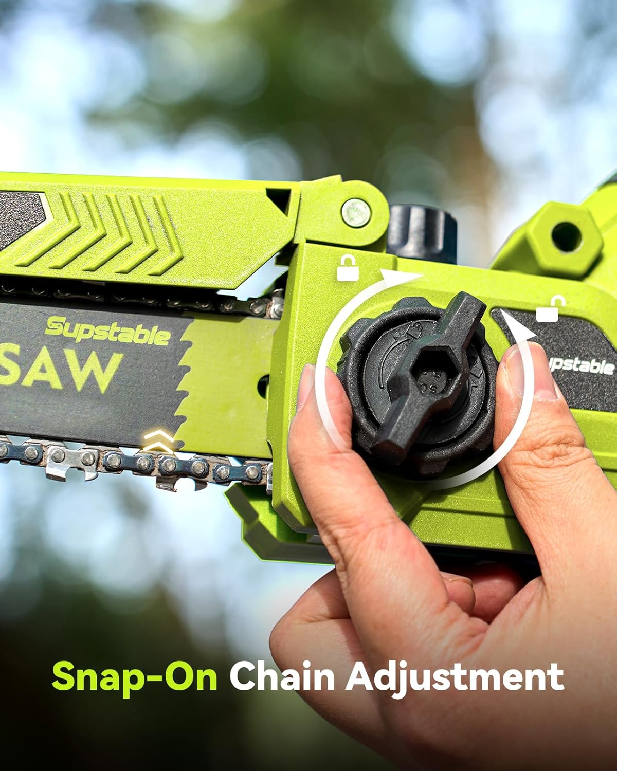 Close-up of a hand adjusting the chain tension knob on the Supstable mini chainsaw.
