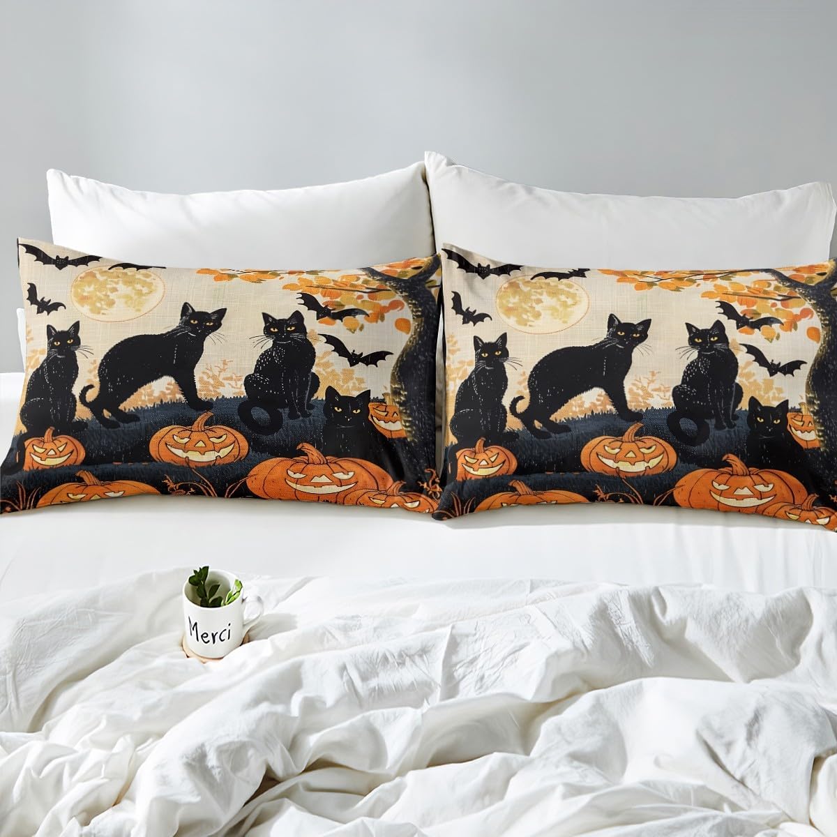 Manfei Halloween Duvet Cover Set Queen Size, Cute Pumpkin Comforter Cover, Black Bats Cats Fall Tree Bedding Set for Kids Boys Girls Room Decor, Lightweight Bedspread Cover,2 Pillowcases,No Comforter