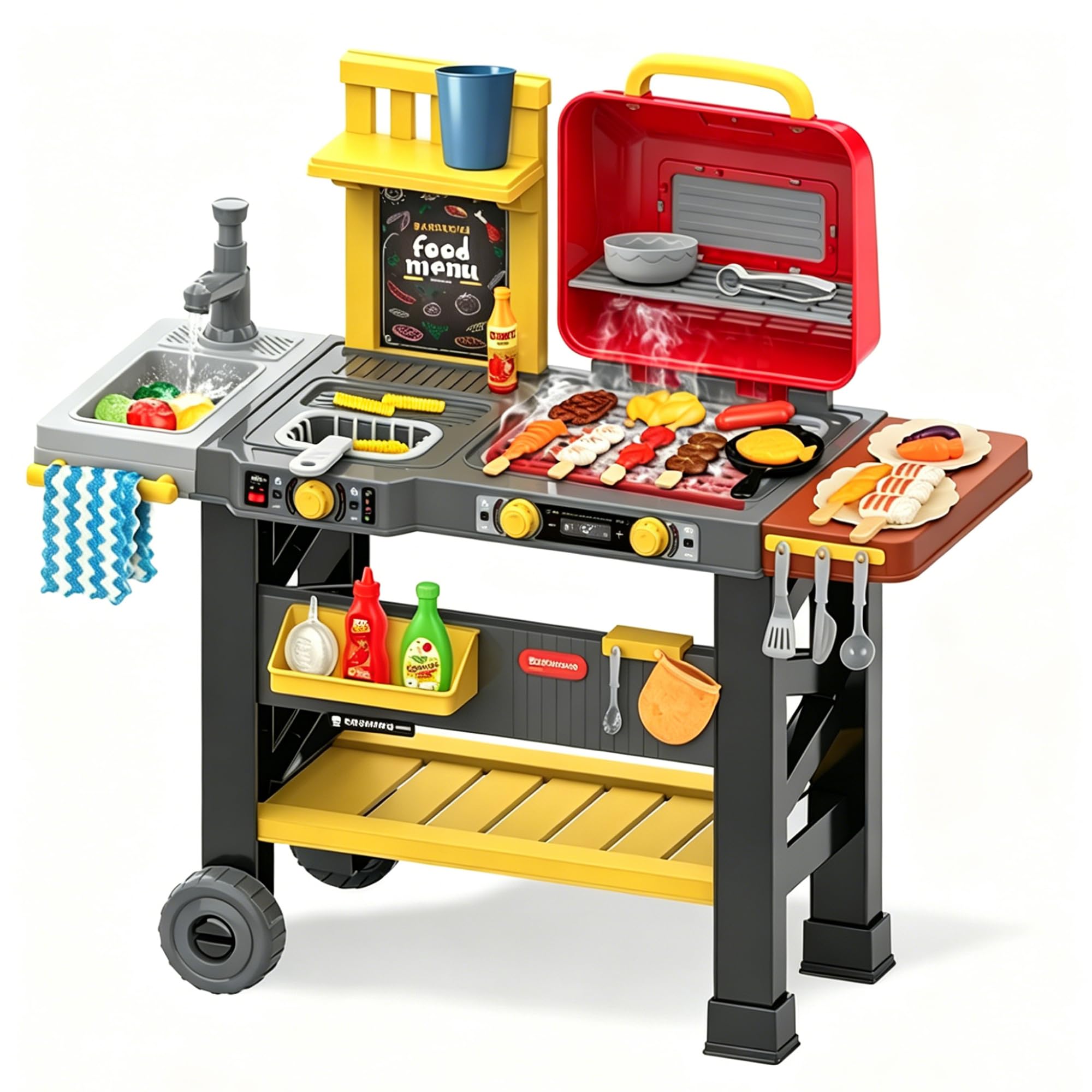 CATCHLUCK Kids BBQ Grill Playset, Interactive Barbecue Cooking Playset with Light & Sound, Sink, Pretend Food Accessories, Outdoor/Indoor Role Play Toy Gift for Boys Girls 3+