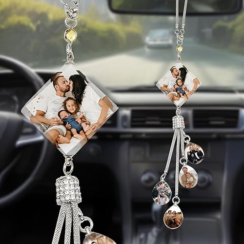 Miniatura 10 de Accesorios de coche colgantes de cristal con foto personalizada para mujeres y hombres, imágenes personalizadas para espejo retrovisor