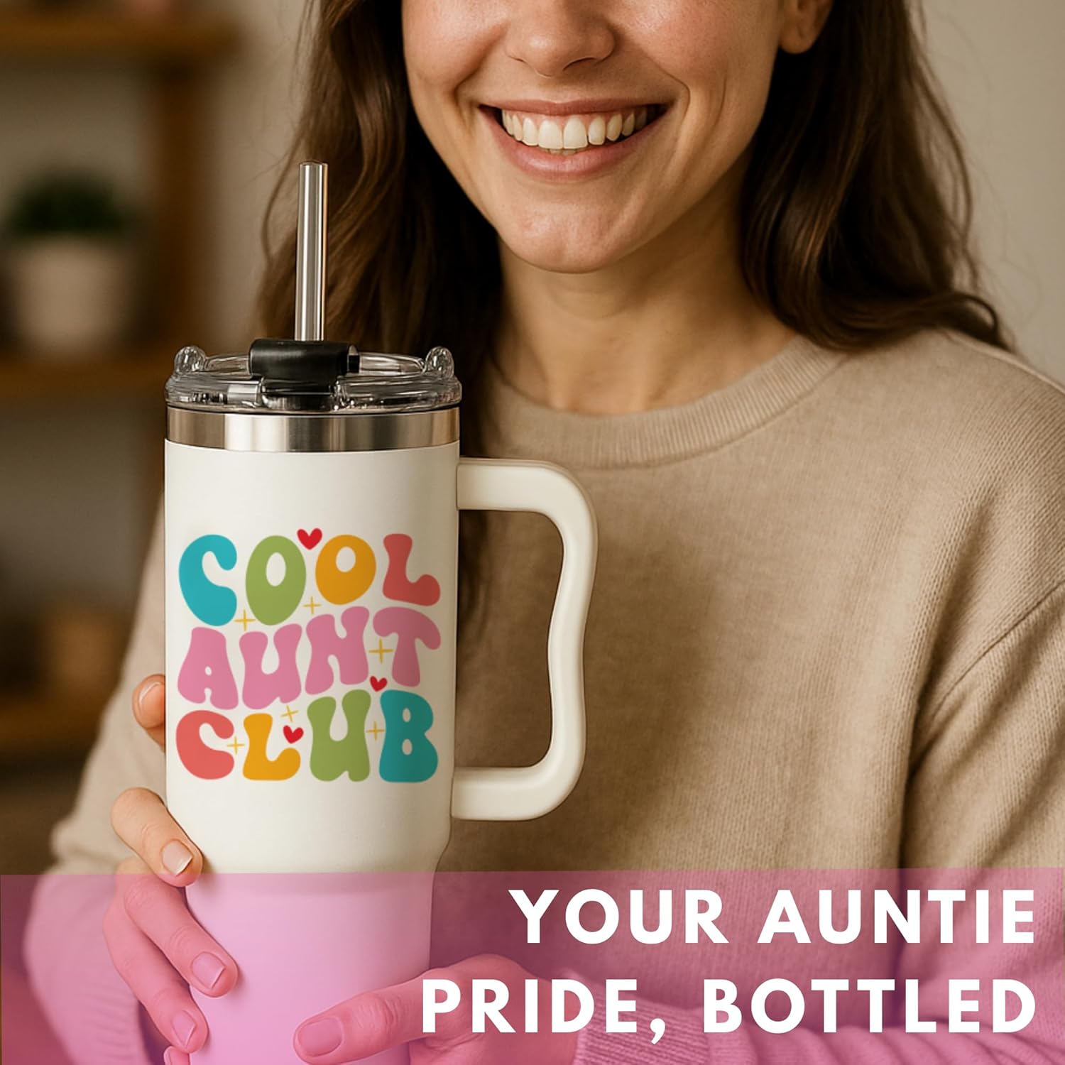 Valentine Gift for Aunt - Cool Aunt Club Coffee Tumbler 40Oz, Best Auntie Gifts from Niece Nephew for Birthday, Mothers Day, Presents for First Time & Best Auntie Ever, New Aunty Cup with Handle Straw - Image 7