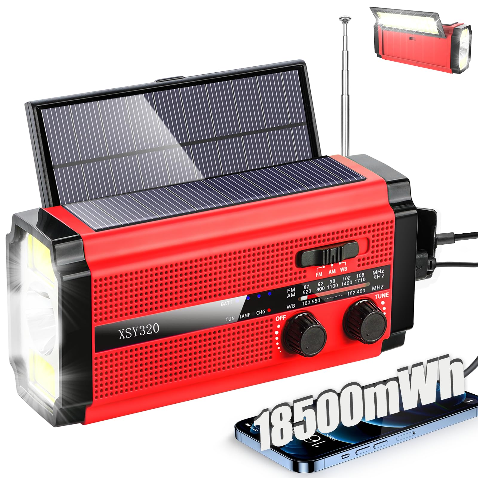 Radio meteorológica de emergencia con 2 paneles solares, radio de manivela portátil, radio AM/FM/NOAA, 3 modos de carga, sirena SOS, 3 modos, linterna, cargador de teléfono celular, luz de lectura