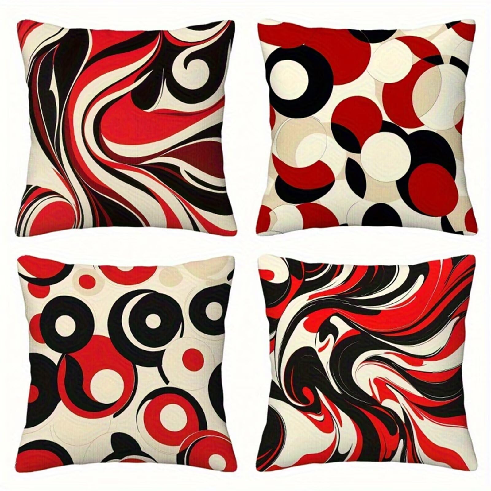QiHon Cushion Covers 65x65 cm Set of 4 Black Red Linen Square Pillow Cases 26x26 inch Modern Decorative Throw Pillow Covers for Sofa Couch Bedroom Home Office with Invisible Zipper