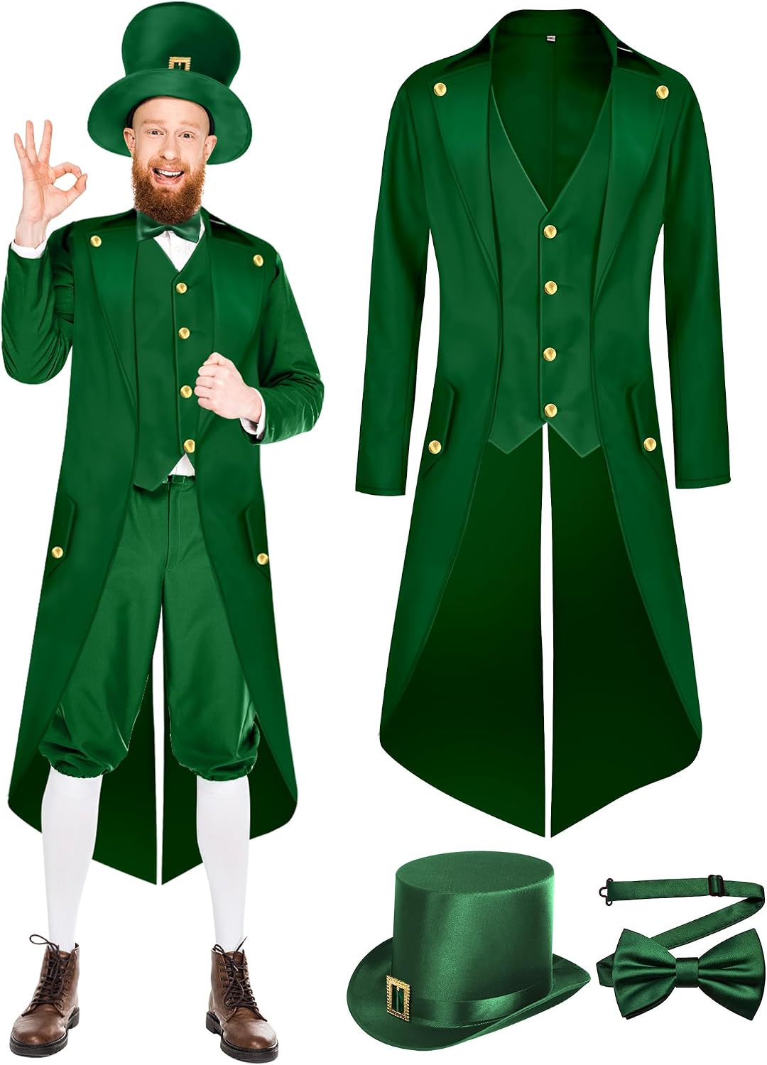 3 PCS ST. Patrick's Day Costume Men Adult Green ST Patrick Day Costume with Steampunk Green Top Hat Bow Tie