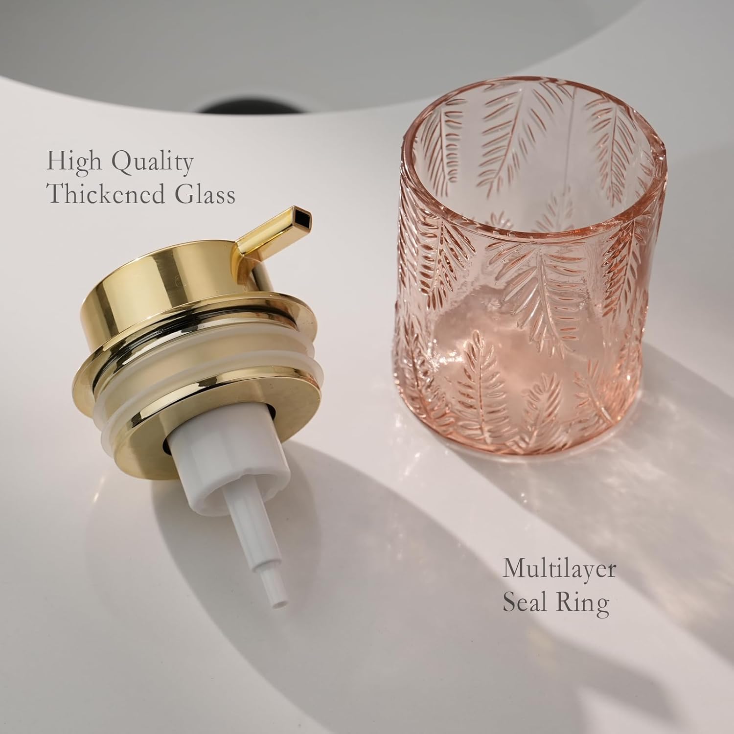 Glass Foam Soap Dispenser for Kitchen & Bathroom - Refillable Lotion Dispenser with Large Gold Pump (Leaf Pattern-Pink) - Image 5