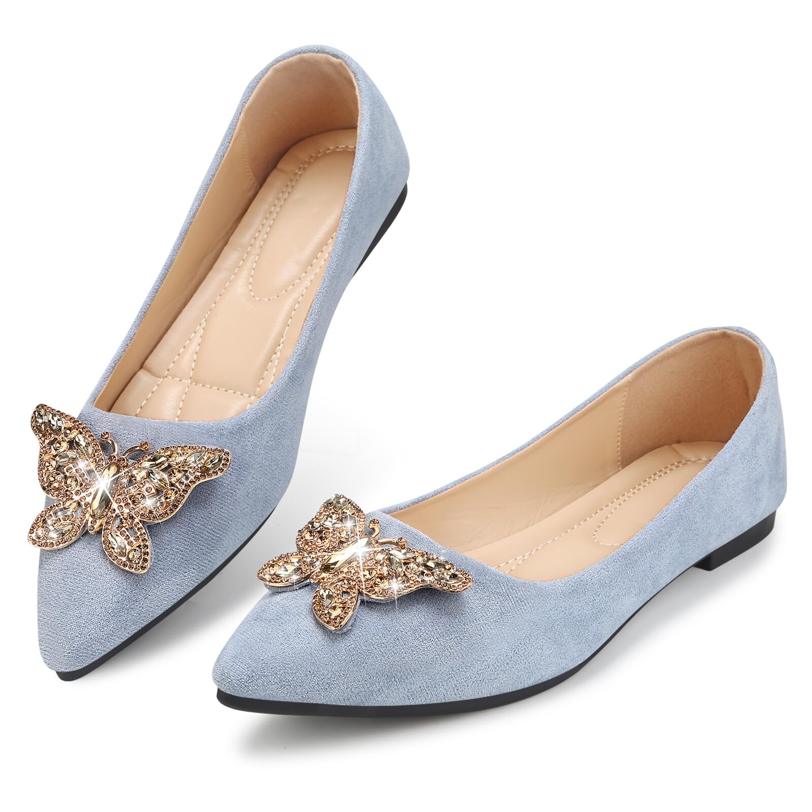 KUNWFNIX Women's Ballet Flats with Pearl Clip - Faux Suede Pointed Toe Slip On, Soft Comfortable Shoes for Wedding Guest, Office & Dressy Events