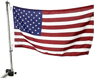 MARINE CITY 304 Grade Stainless Steel Rail Mounted Flag Staff and Black Plastic Flag Pole Base with 12 Inches x 18 Inches US Flag for Marines – Boats – Yachts (1 SET)