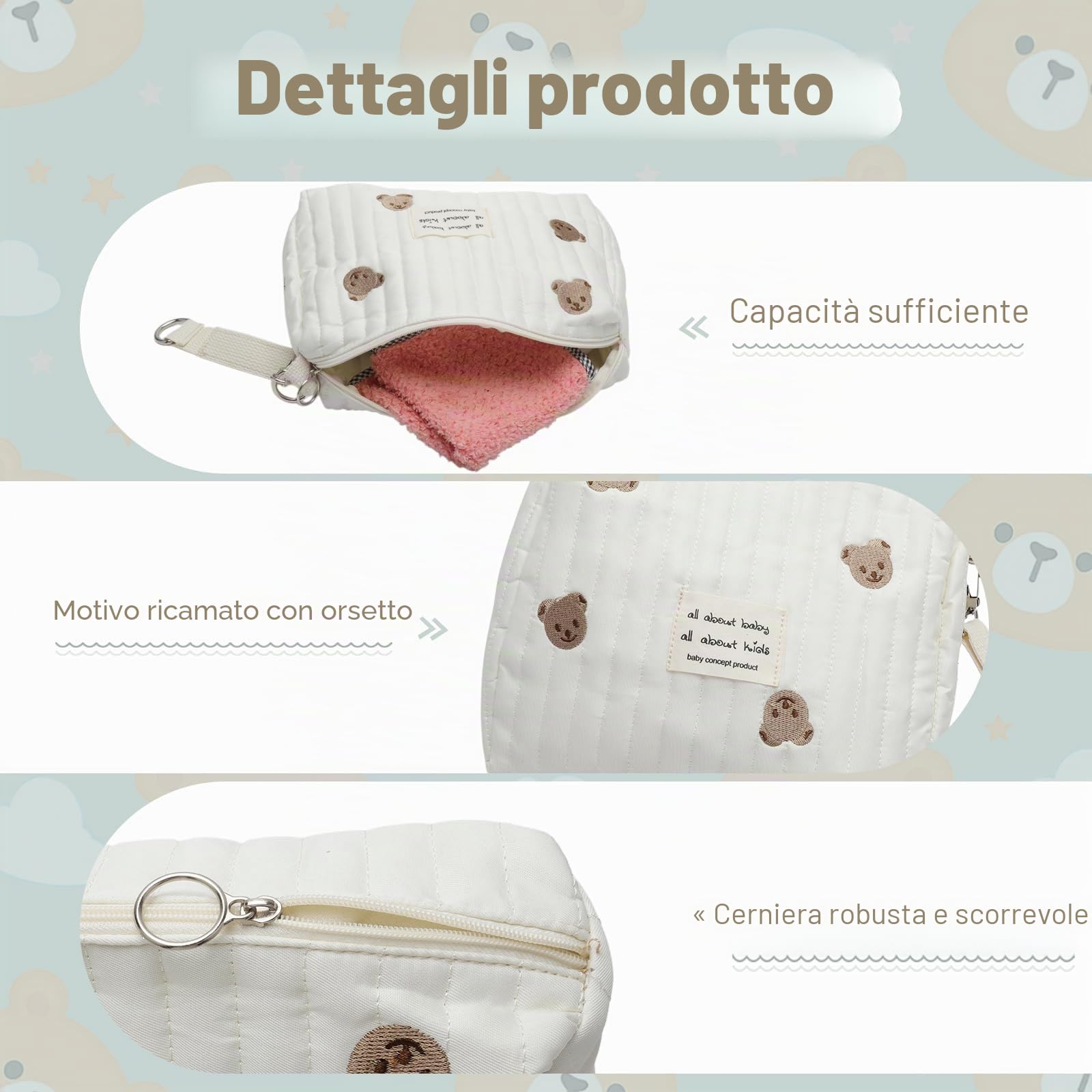 Mommy Bag Ricamate con Orsacchiotto, Borsa Porta Pannolini Portatile con Fiocco e Gancio per Passeggino