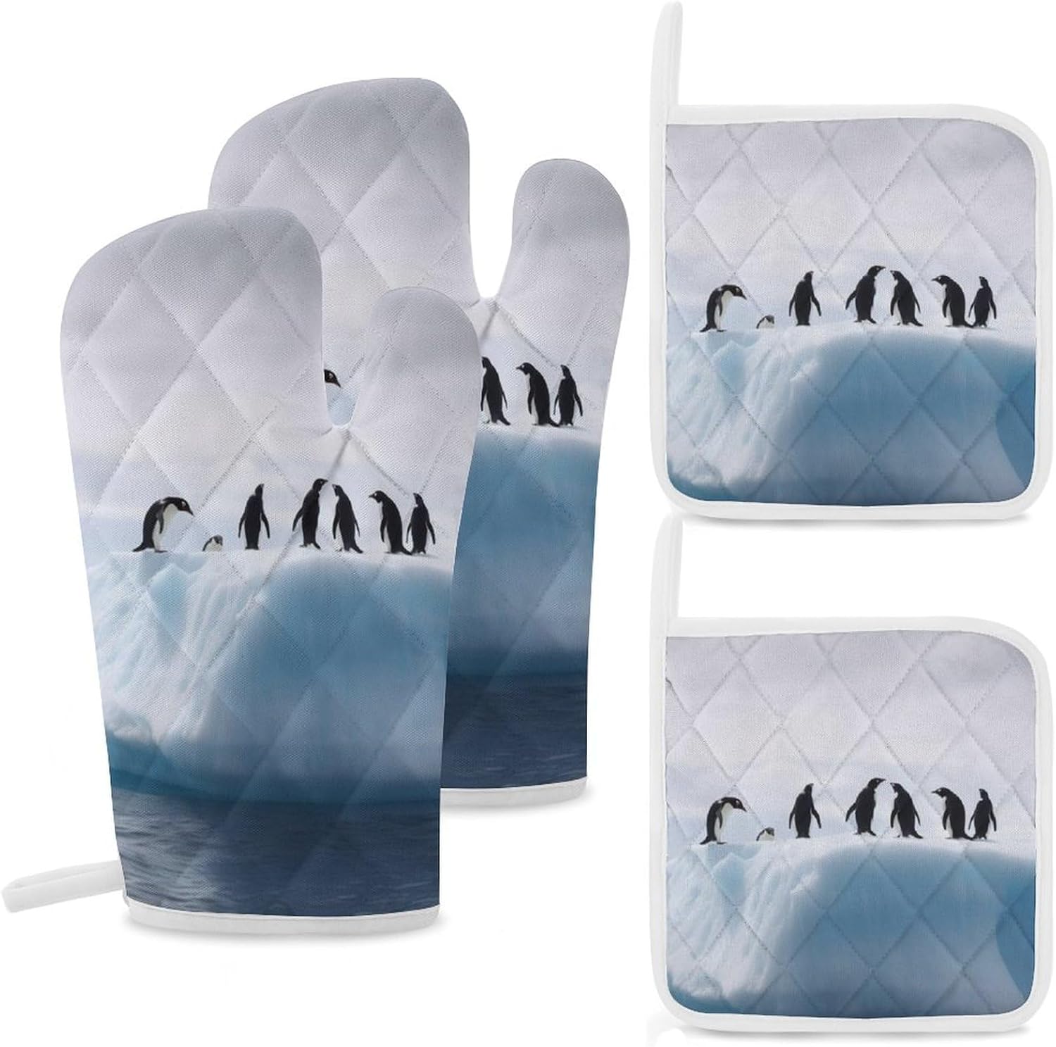 4-Piece Oven Mitts and Pot Holders Set Penguins on The Iceberg Printed Heat-Resistant Polyester Kitchen Gloves and Potholders Comfortable & Durable for Cooking Baking and Grilling