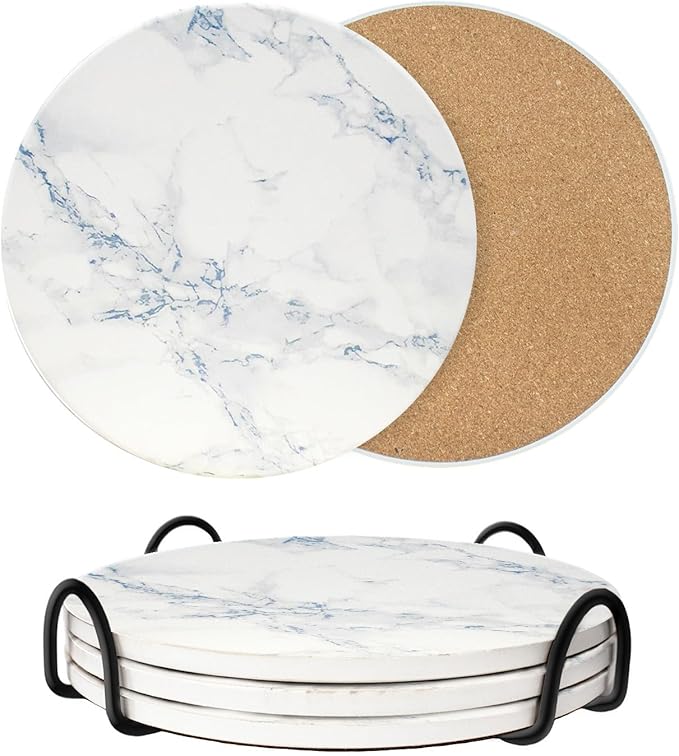 8 Inch Trivets for Hot Dishes, Pots and Pans, Marble Style Ceramic Trivet with Holder, Heat Resistant Hot Plate Mats for Countertops, Table, Home Essentials, Farmhouse Decor, Set of 3