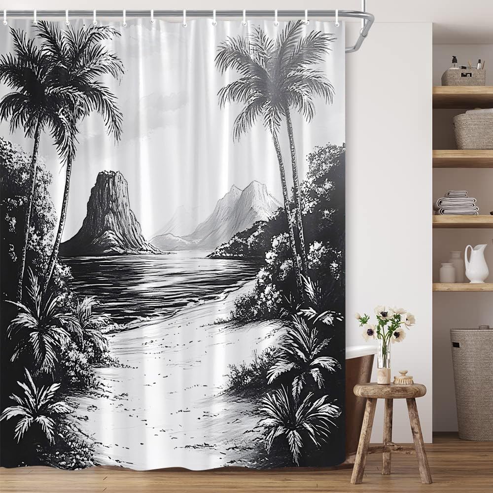 Ocean Beach Shower Curtain Tropical Palm Tree Landscape Black and White Sea Summer Seaside Coastal Mountain Hawaii Nature Scene Polyester Fabric Bathroom Decor 70×96 Inch with Hook