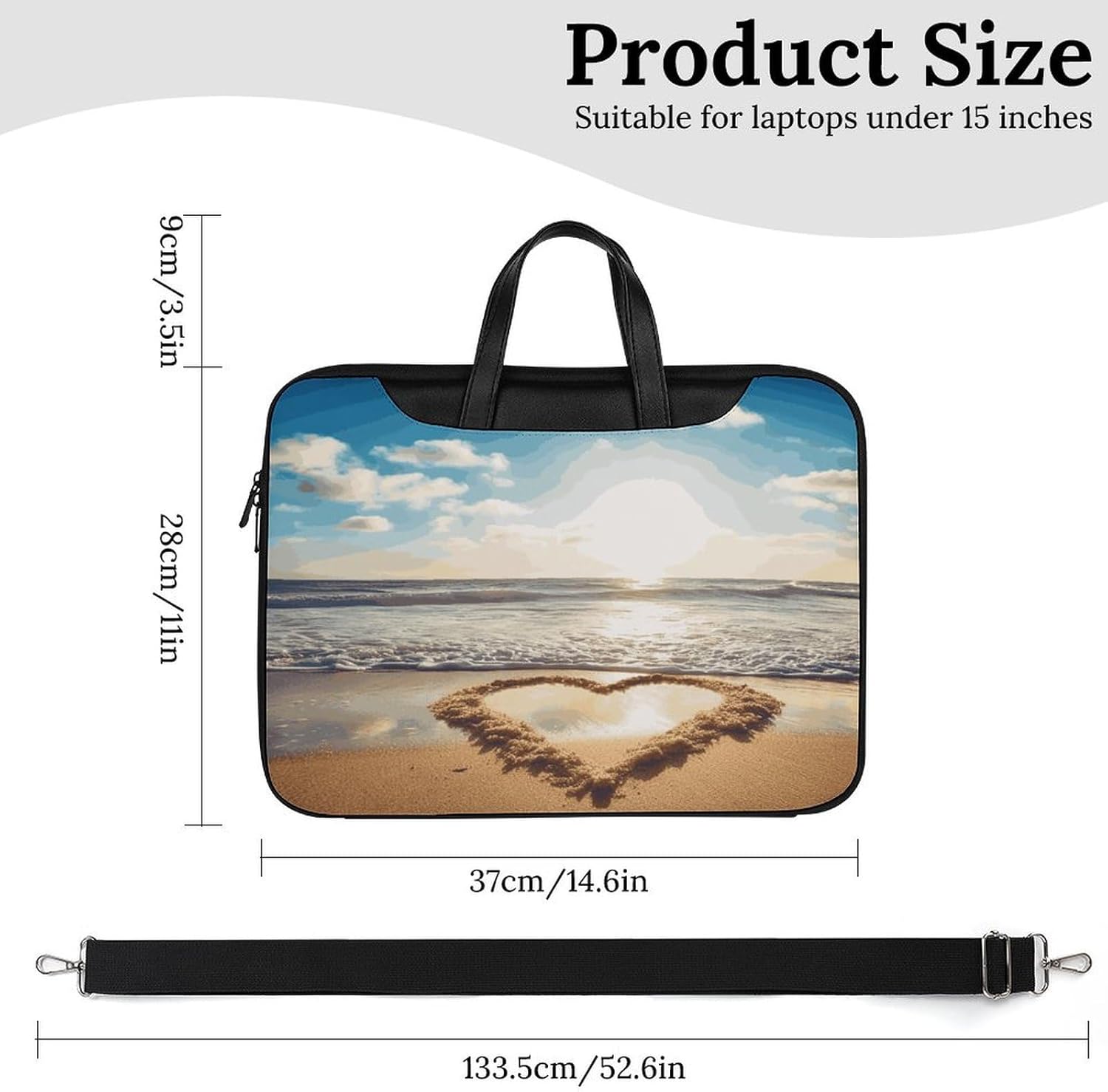 Heart Shape Romantic Beach 37x28cm Black-style Laptop Bag Leather Tablet Computer Briefcase Large Capacity Work Business Tote Bags for Office
