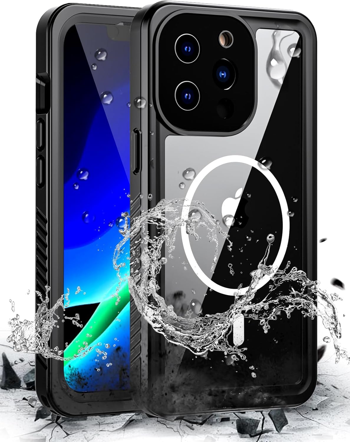 Hualele Magnetic for iPhone 15 Pro Max Case Waterproof, Built in Lens & Screen Protector Rugged Full Body Protective Military Grade [Compatible with MagSafe] IP68 Underwater Cover Black/Clear