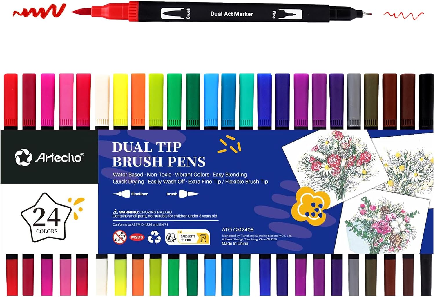 Artecho 24 Colors Dual Tip Colored Pens Set,Journaling Pens Art Kit