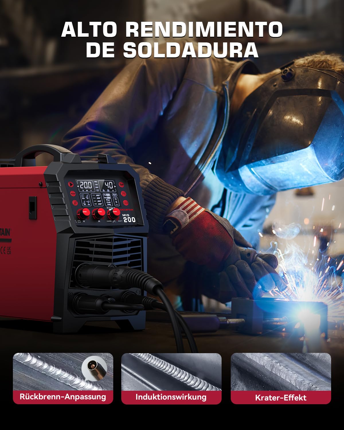 ARCCAPTAIN MIG MAG Schweißgerät 200 Ampere, 7 in 1 vollsynergisches Schweißgerät FLUX Fülldraht/MAG/MIG Schutzgas Schweißgerät/MMA/Lift TIG/Unterstützung Spool Gun/Punktschweißen, IGBT Inverter230V