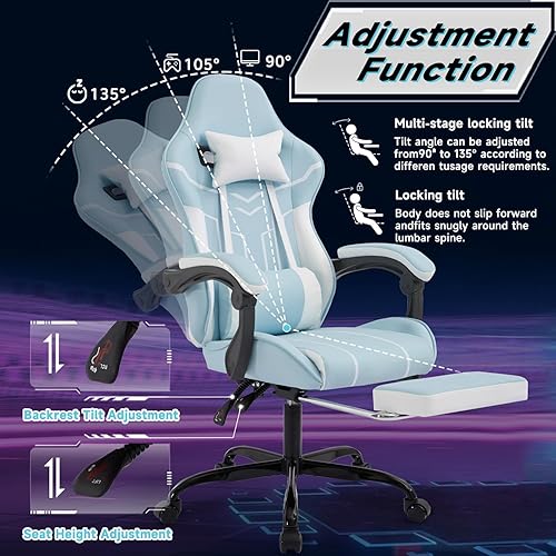 Miniatura 4 de Blue Gaming Chair Ergonomic Computer Chair with Footrest Lumbar Support, Height Adjustable Game Chairs with 360-Swivel Seat and Headrest for Adults