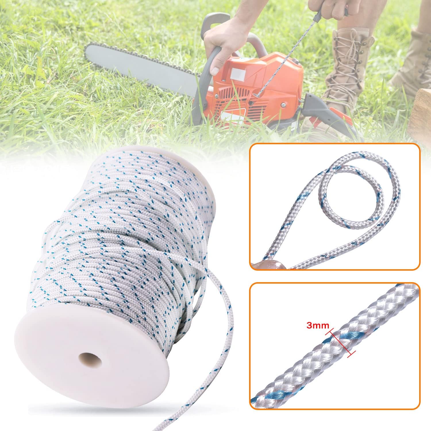 Recoil Starter Rope Pull Cord 3mm 100-Meter for Stihl Husqvarna Echo Poulan Homelite McCulloch Sears Craftsman Trimmer Edger Brush Cutter Lawn Mower Chainsaw