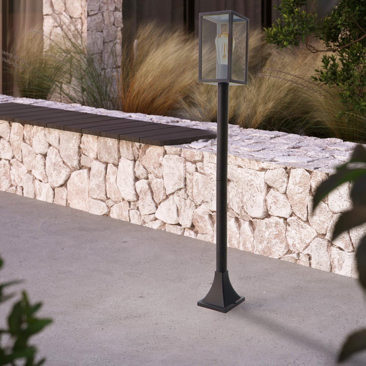 M Ledme - Baliza LED Exterior Floor Serie Ducte, Casquillo E27, IP44 Impermeable, Estilo Clásico en Negro, Acero/Cristal, Iluminación ideal para Jardín o Entrada (Bombillas no Incluidas)