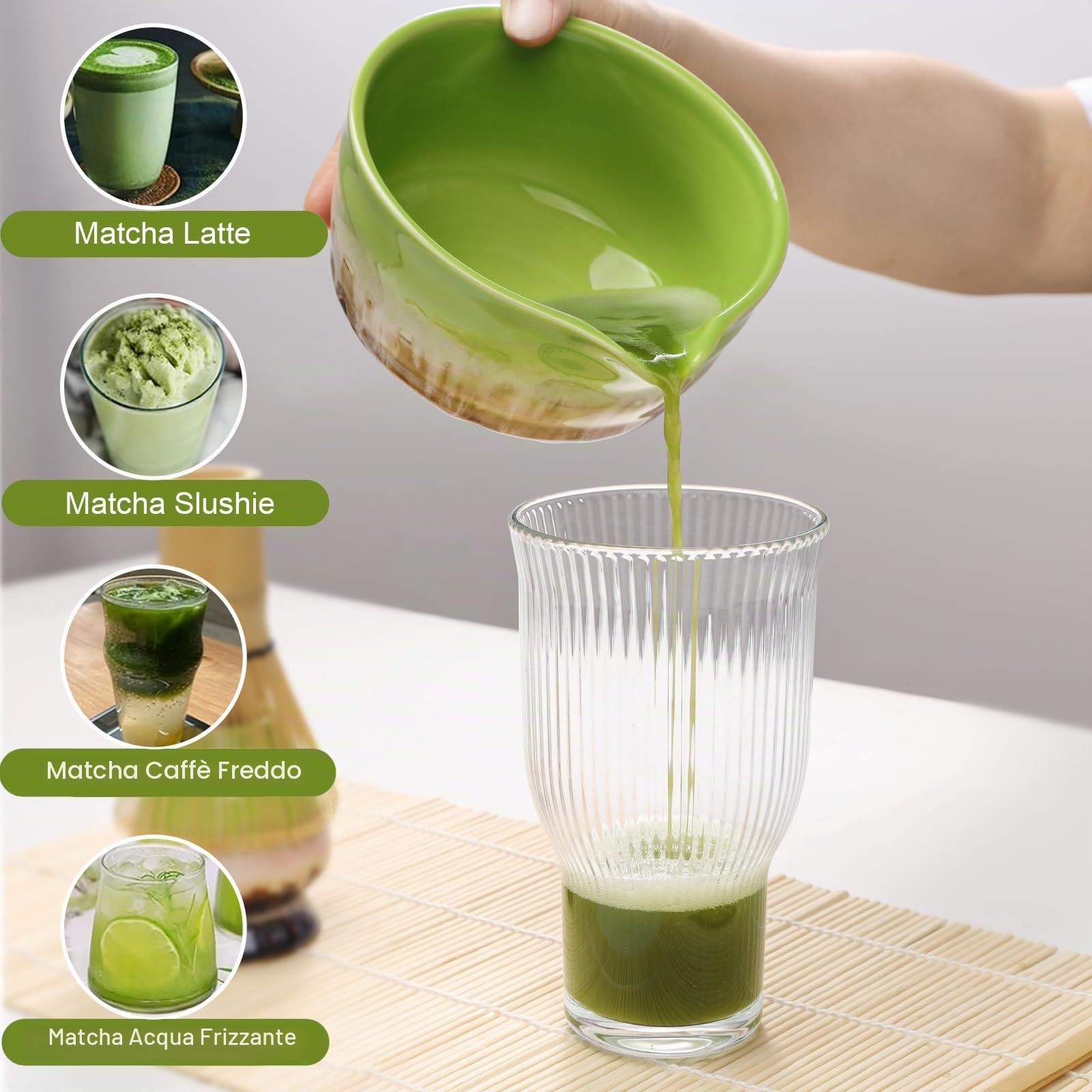 Premium Matcha Set di 4 pezzi Chase in bambù, cucchiaino, supporto in ceramica, ciotola per beccuccio, accessorio perfetto per cerimonia del tè giapponese, regalo per gli amanti del matcha