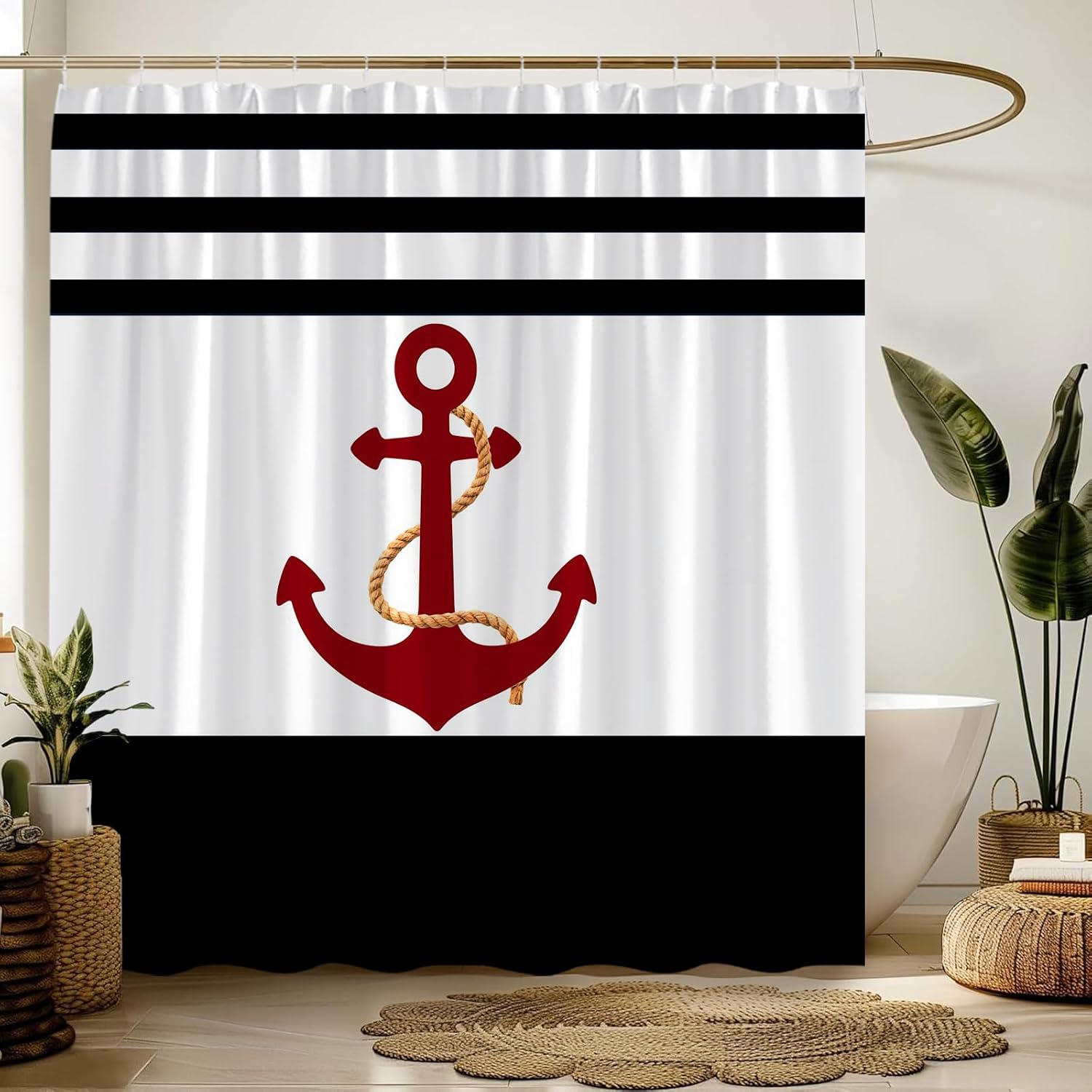 Sunhe Nautical Anchor Shower Curtain Navy Blue White Geometric Stripes Red Vintage Anchor Ocean Theme 70" Wx70 H Bathroom Decor Curtain with Hooks