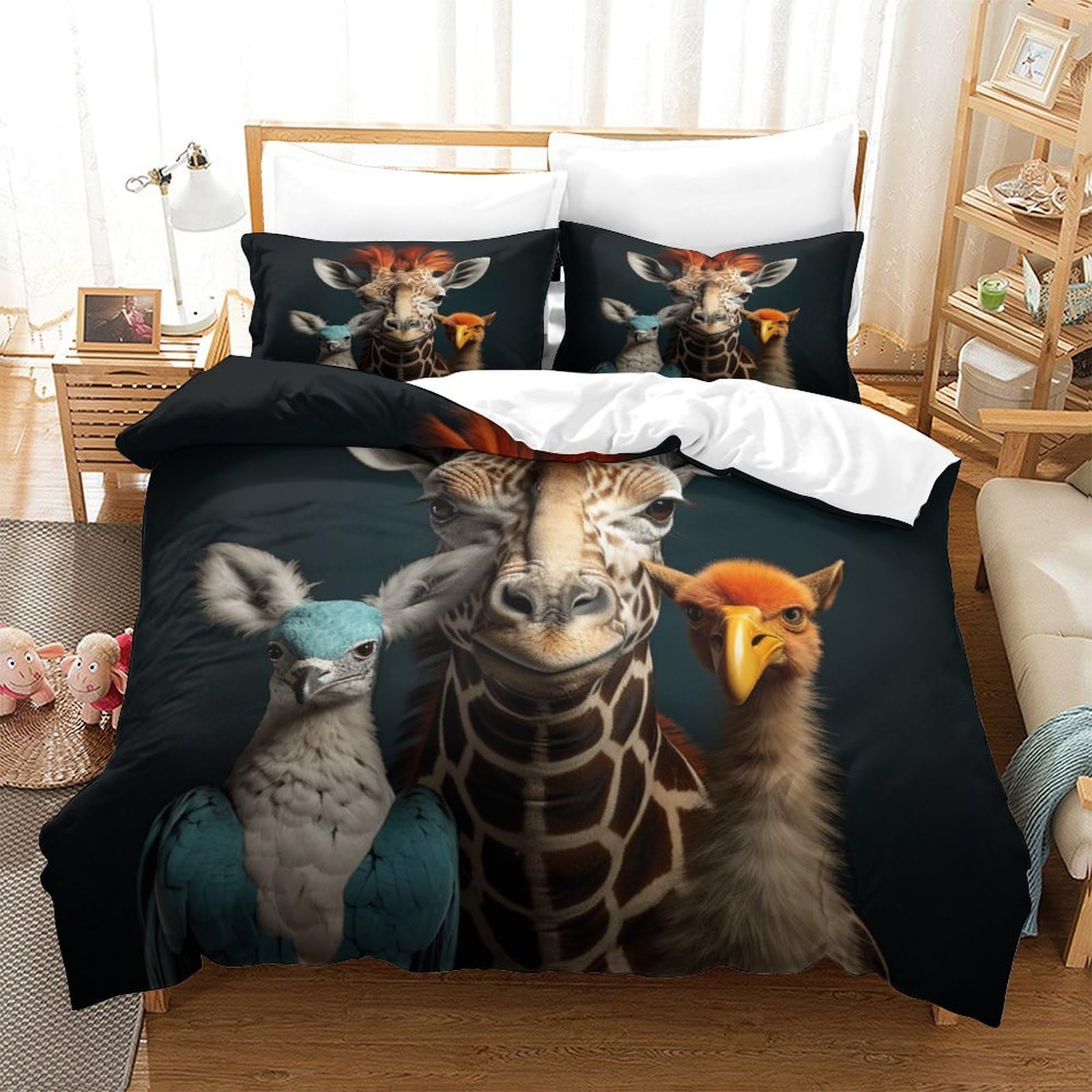 P1S9U7W5Y Vivid Animal Party Pattern 3D Printed Duvet Cover Set 3 Pieces Microfiber Soft Bedding Set for Adults Teens Bedroom Decor Giraffe Animal Theme King（220x240cm）