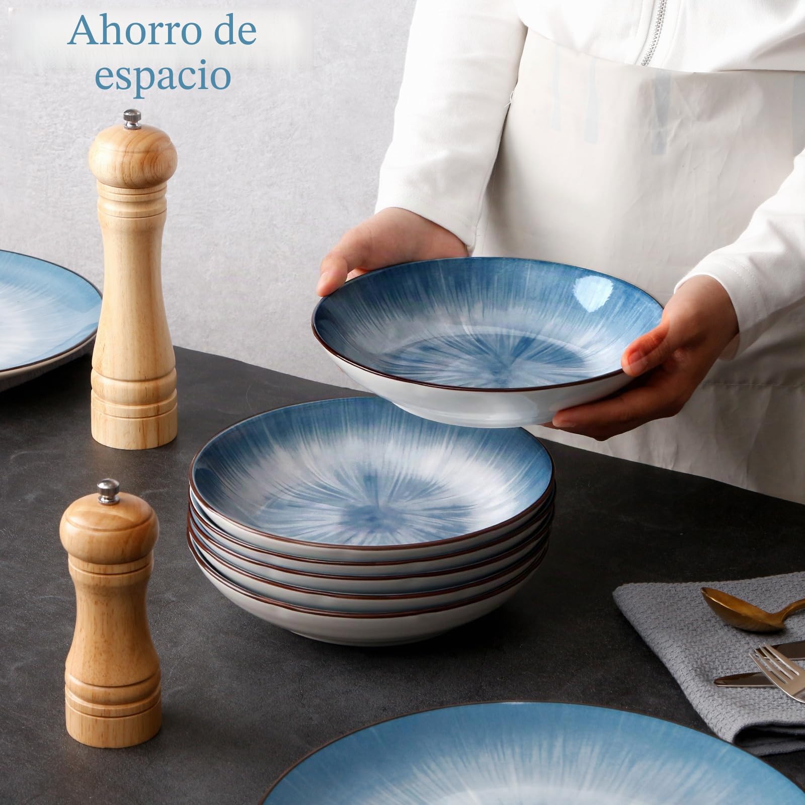 NUTRIUPS Juego de 6 Platos para Pasta, 20.5cm Platos de Servicio, 500ml Platos de Porcelana, Apto para Microondas y Lavavajillas (Azul)