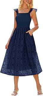 Damen Freizeit Lochstickerei-Kleid Mid A-Linie Volant-Träger Leichtes Sommerkleid