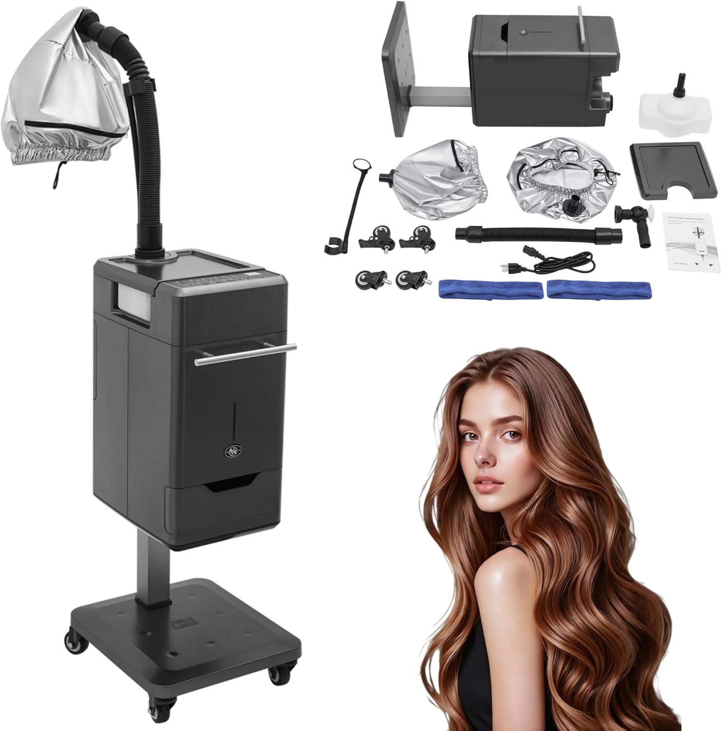 Nano Mist Hair Steamer, 500W Professional Hair Care Machine with 7 Temp & 4 Mist Modes, 34in Hose & Wheels for Scalp Detox, Coloring, Perming, Home Salon Use, 110V
