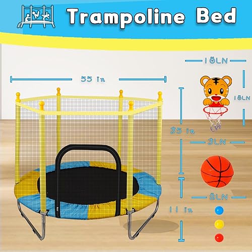 Miniatura 6 de Trampolín de 55 pulgadas para niños con aro de baloncesto, 4.6 pies, para interiores y exteriores, tranpolinas recreativas con red de cierre,