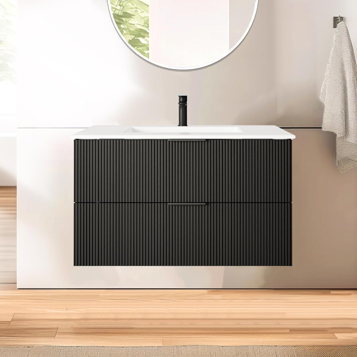 30" Black Wall Mounted Bathroom Vanity with Sink - Floating Design, Moisture-Proof, U-Drawer, Soft Closing Drawers, Ceramic Sink, Modern Minimalist,Fluted Texture