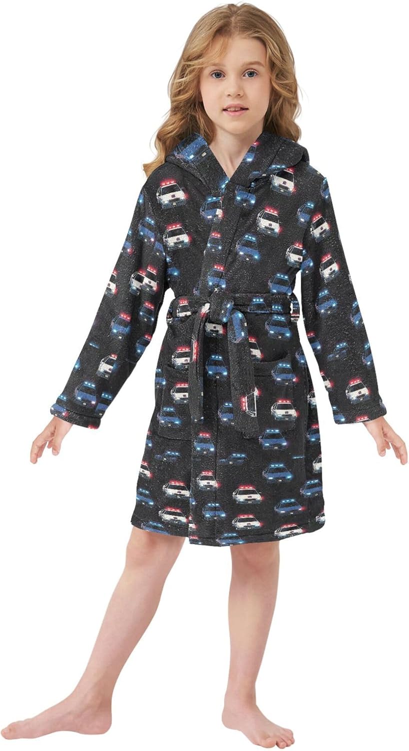 Police Car Light Truck Bathrobe Hooded PJ Robe Plush Fleece Robe Pajama Sleepwear 2-12 Years