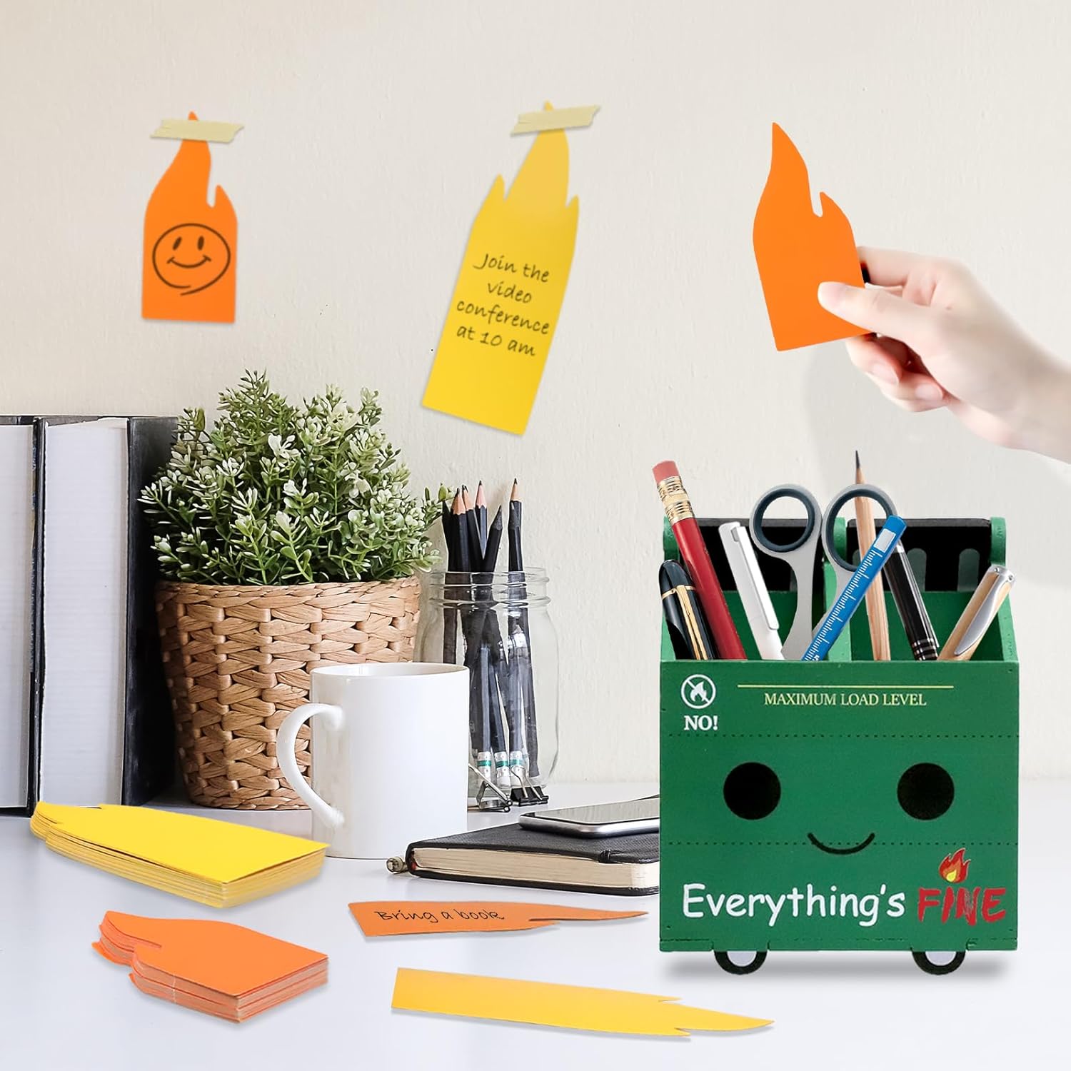 PUNICA Dumpster Fire Pencil Holder with 100 Pcs Flame Note Cards, Funny Office Desk Accessories Decor, Great Gifts for Coworkers Teacher - Green (Already Assembled) - Image 6