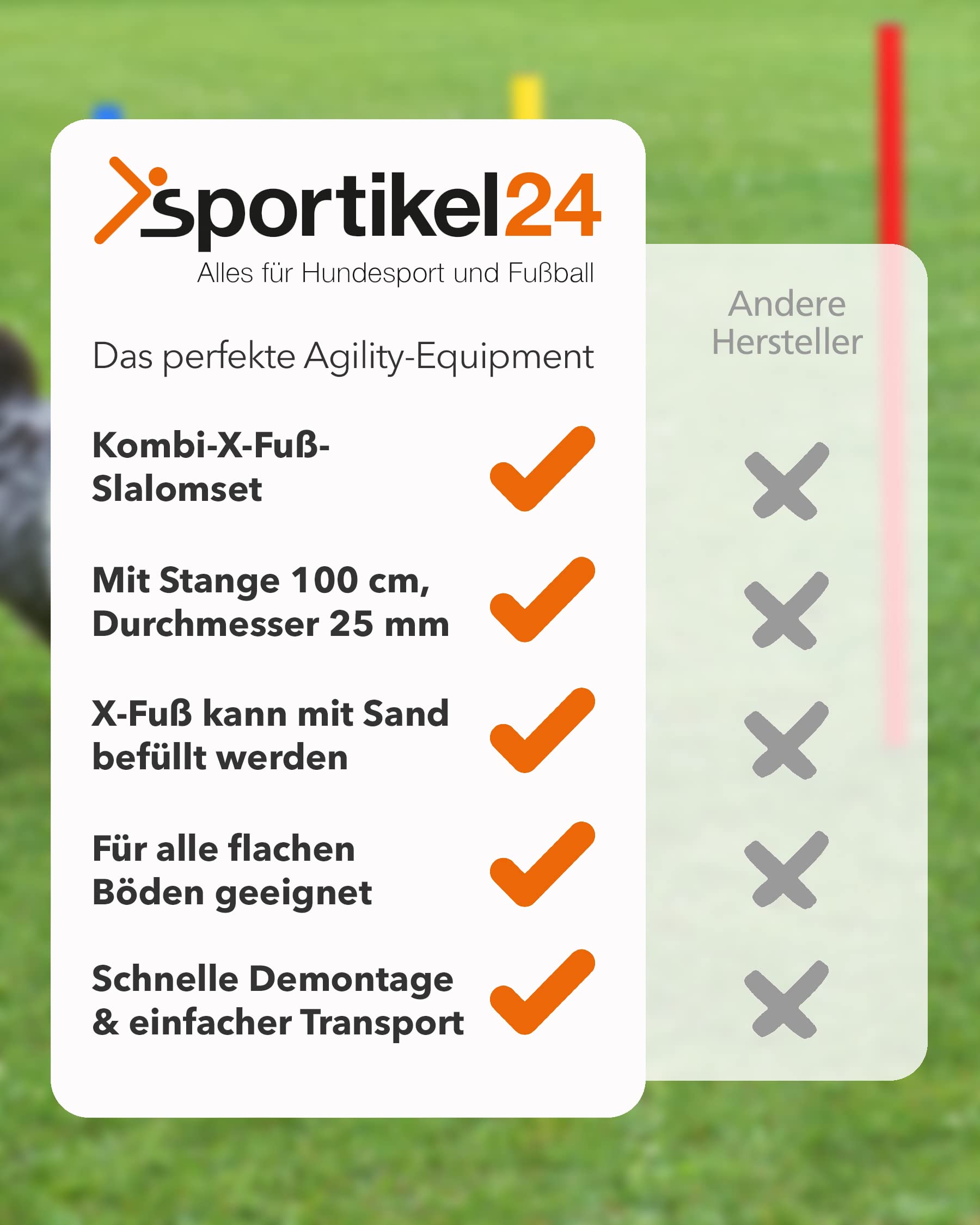 Kombi-X-Standfuß aus Kunststoff & Slalomstange 100 cm – 4er Set – befüllbarer Standfuß – Stange für Slalom & Koordinationstraining – für Fußball & Hundesport – Kreuzfuß