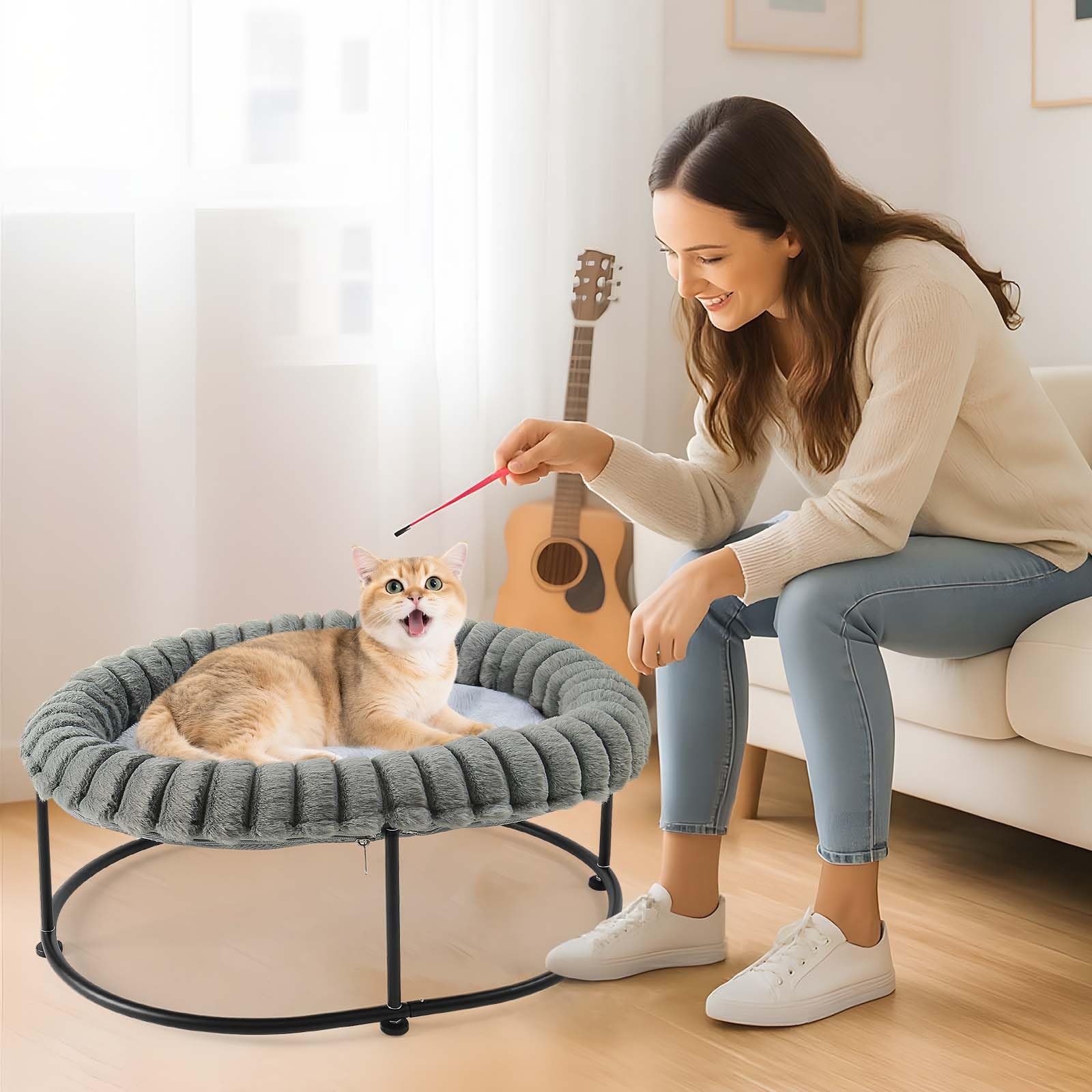 GUUSII HOME Erhöhtes Katzenbett katzenhängematte für Große Katzen Bett Katzenliege Kätzchen Hängematte Katzensofa Hohes Welpenbett Couch mit Robust Metallrahmen Waschbares Kissen 58.5*43*21 cm (Grau)