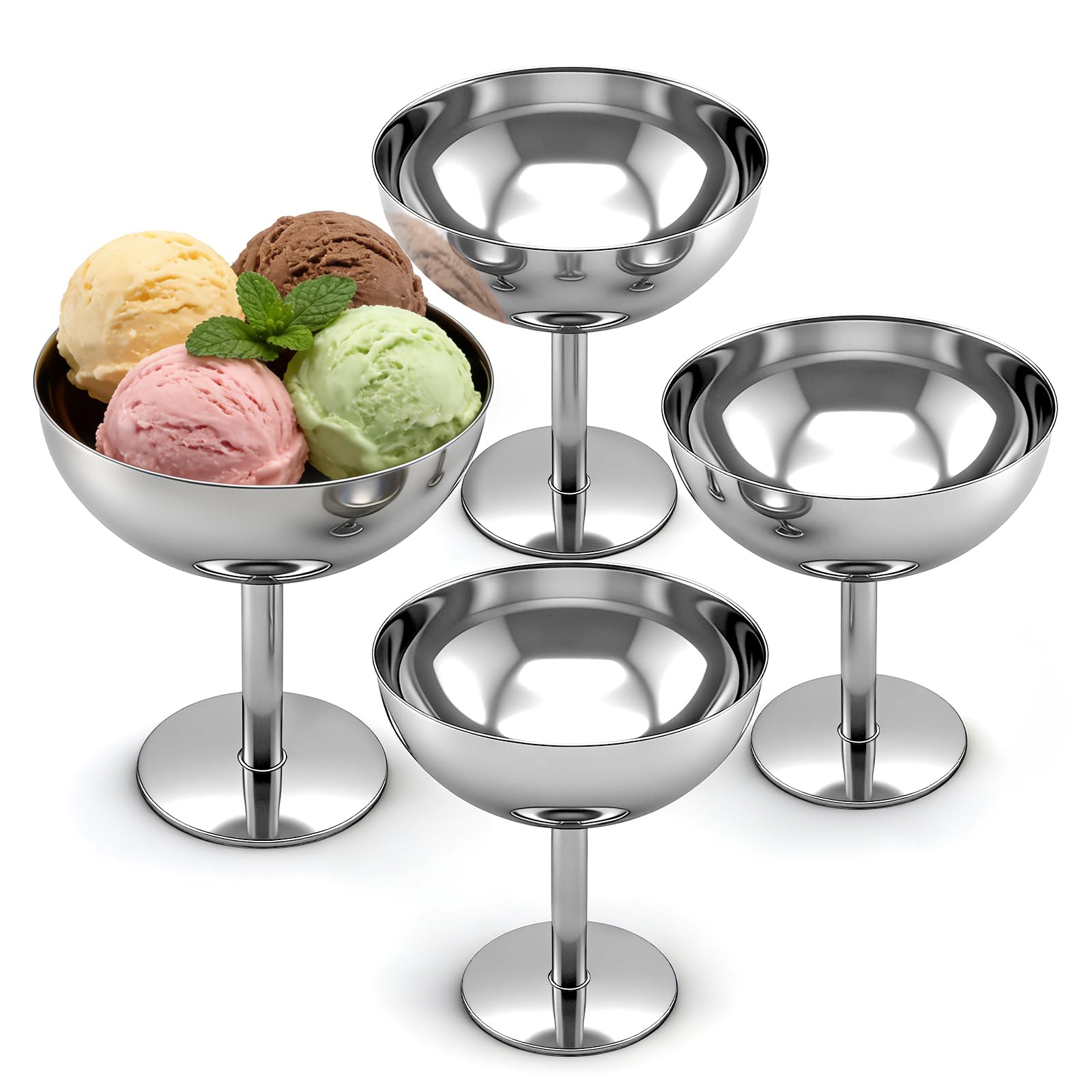 Coupes à glace en acier inoxydable x4 | Bols à dessert de 240ml avec pied élégant