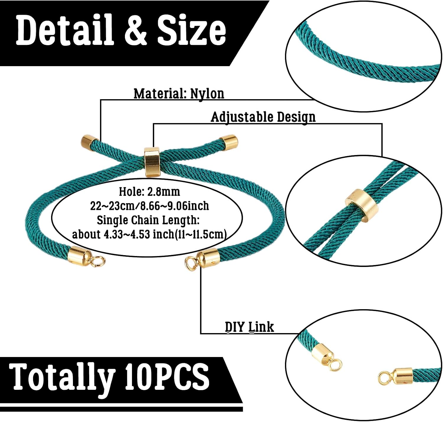 FASHEWELRY 10 Pcs Adjustable Slider Bracelets for Jewelry Making, Nylon Cord Chain Link Bracelet Twisted Cord Bracelets Making with Golden Brass Findings for DIY Bracelet Supplies (Light Sea Green) image 5