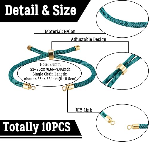 Miniatura 3 de Bestewelry 10 pulseras de nailon trenzado para hacer pulseras deslizantes ajustables con hallazgos de latón dorado para hacer joyas, accesorios de 9