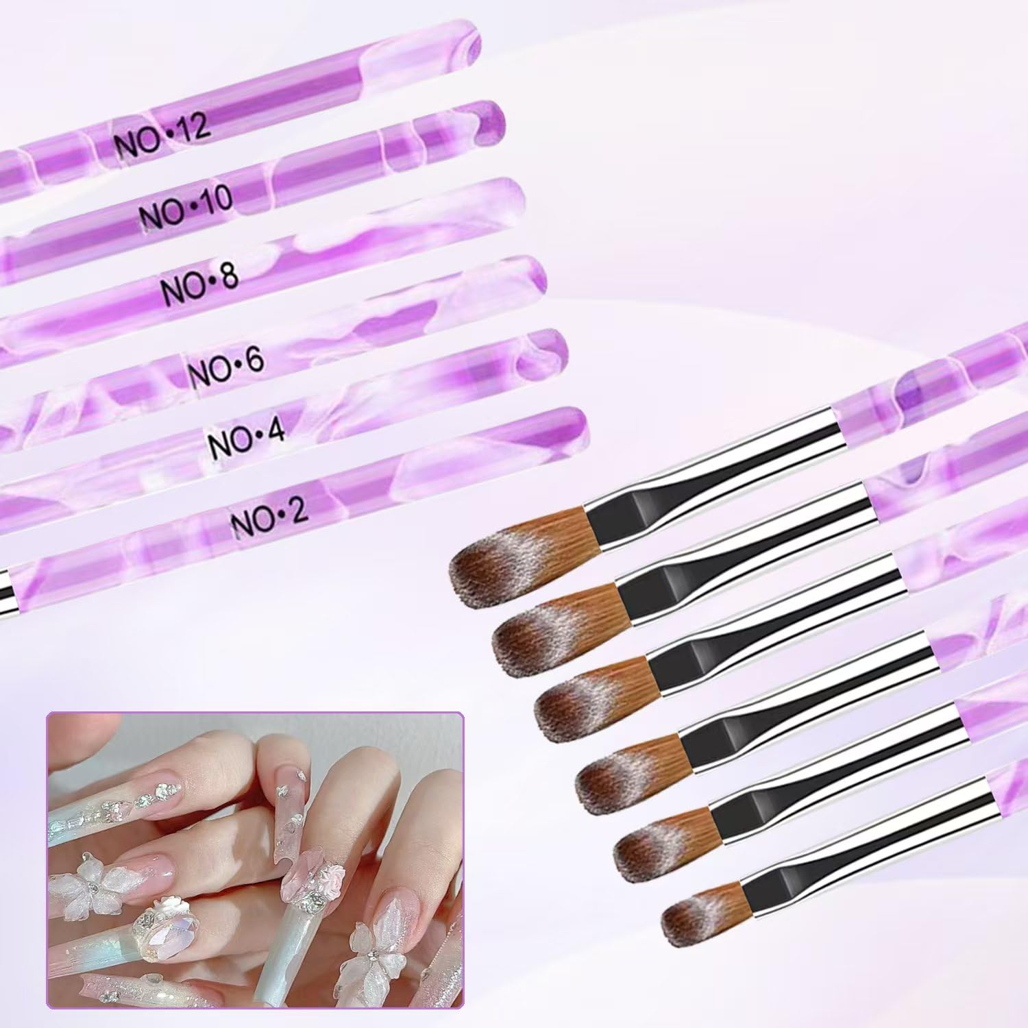 6PCS Acrylic Nail Brush Set,Size 2/4/6/8/10/12 Professional Nail Brushes for Acrylic Application Extension and 3D Carving for Nail Home Salon DIY-Purple