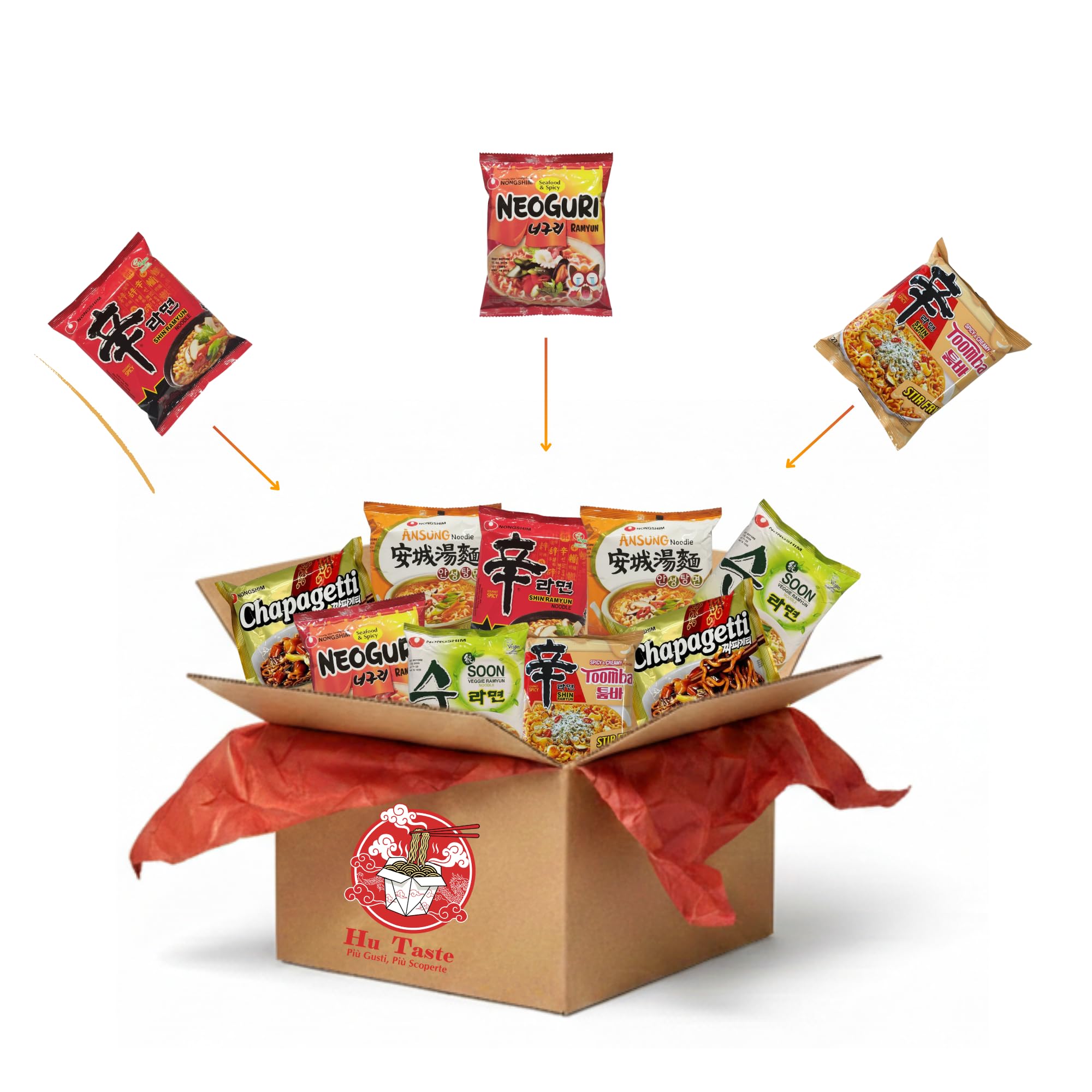 Hu Taste Kit Ramen Coreano 12 Pack - Mix Noodles Istantanei Assortiti: Classico, Piccante, Mare, Veggie, Crema e Pasta Scura - Box Cibo Asiatico Pronto - Set Noodles Ramen Spicy e Gusti Orientali
