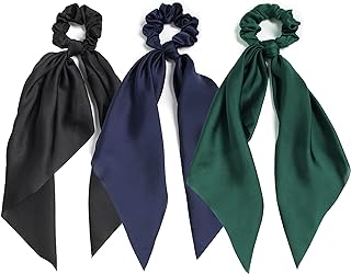 3PCS Hair Scarf Scruncheis for Women Knotted Bow Hair Ties Elastic Bands Satin Hair Ribbon Scrunchy Red Ponytail Holder for Women and Girls (Navy Black Green)