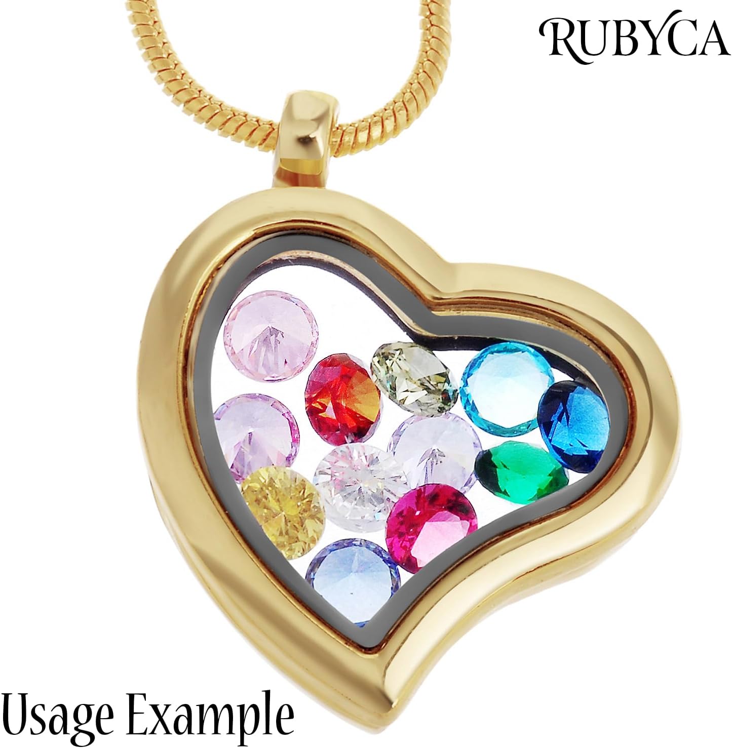 RUBYCA Living Memory Floating Charm Heart Glass Locket Pendant Necklace 20 Inches 5pcs Gold Color