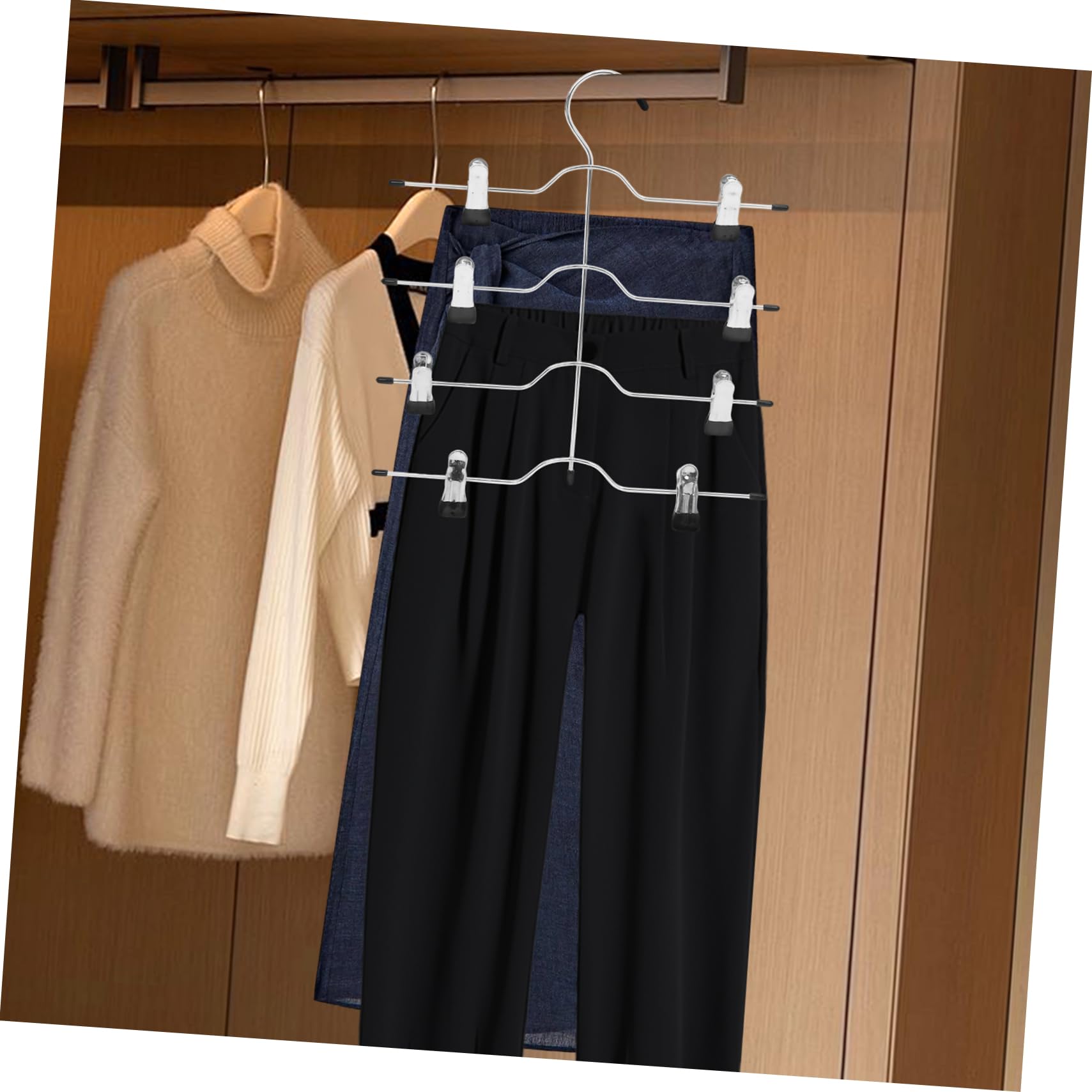 Percha para Pantalones de 4 Niveles, Pack de 4, Acero | Color Negro, Pinzas Múltiples, Diseño Sencillo y Elegante, Estructura Robusta para Mantener la Ropa Ordenada