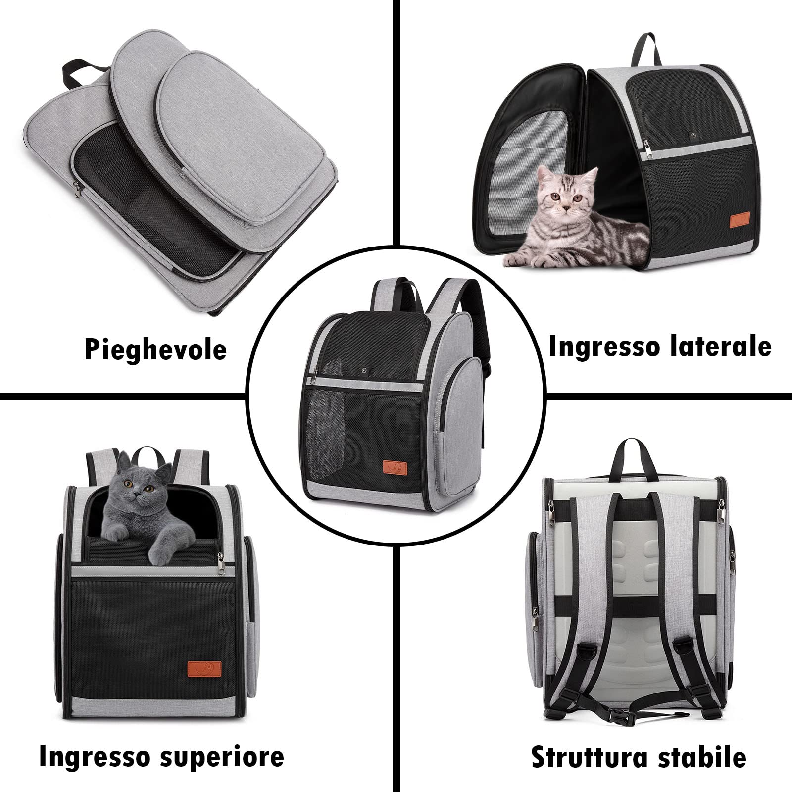 ZFSOCK Zaino Trasportino per Gatto Cani: Piccoli Animali Domestico Cane e Grande Gatti 10 KG Borsa Portatile Traspirante Pieghevole con Cinturino di Sicurezza Interno per Viaggo Campeggio - Grigio